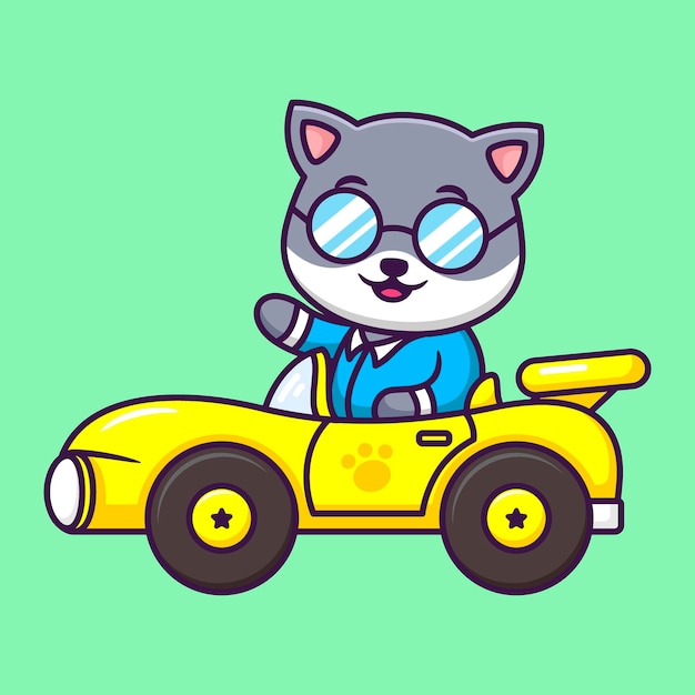 Schattige kat bestuurt de auto in Cartoon Premium Vector Illustratie Flat Style Concept