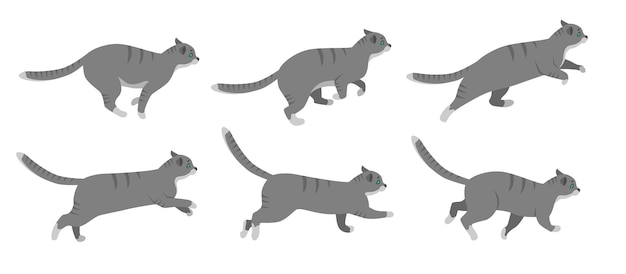 Schattige kat cartoon karakter lopende vector illustraties set. Animatieframes van kitten in actie, huisdier op wandeling of in achtervolging na muis geïsoleerd op een witte achtergrond. Dierenconcept voor game-design