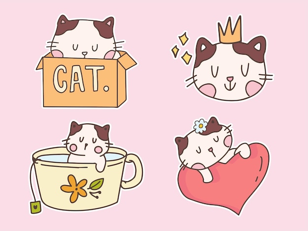 Schattige kat cartoon tekening sticker set. kat bundel collectie.