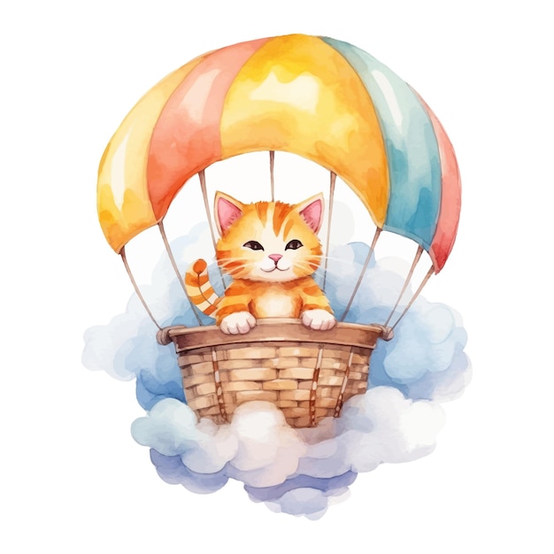 Schattige kat cartoon vliegen met parachute in aquarel stijl