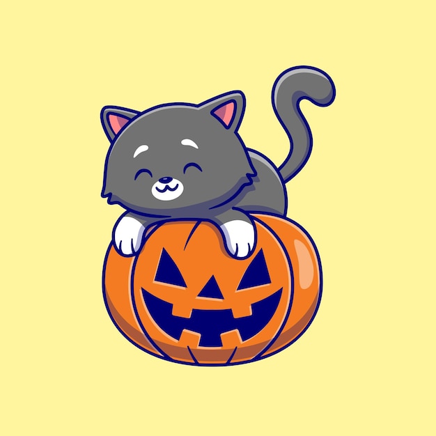 Vector schattige kat die op pompoen ligt halloween