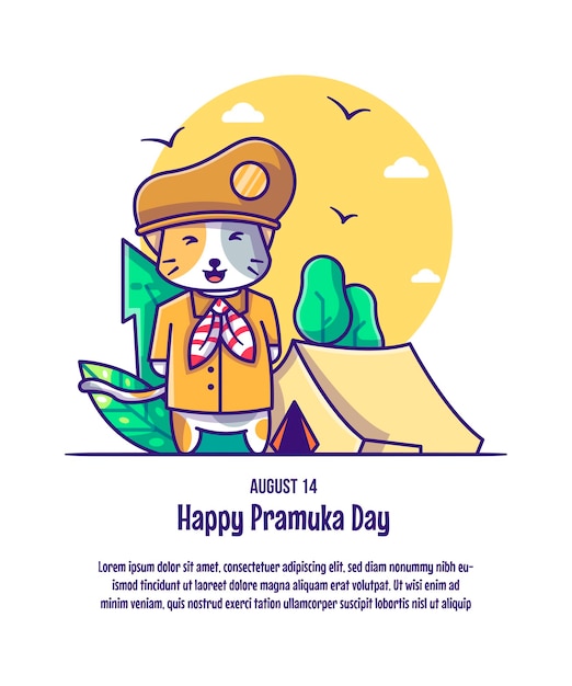 Schattige kat dragen Pramuka kostuum Cartoon vectorillustraties. Pramuka Dag Pictogram Concept Geïsoleerd Premium Vector