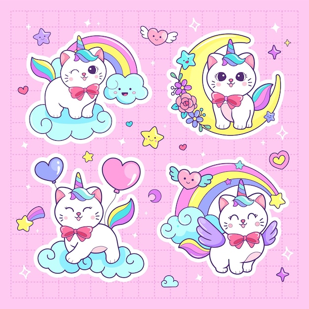 Schattige kat eenhoorn en regenboog stickers cartoon vectorillustratie