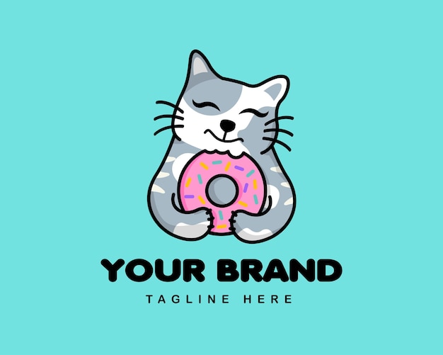 Schattige kat en donut met logo-ontwerp geschikt voor cake of dierenwinkel