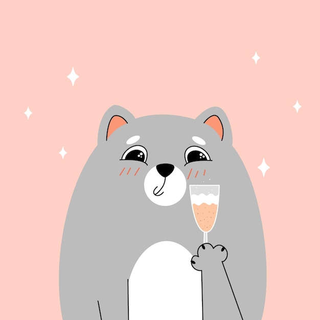 Schattige kat en glas champagne, kat met champagne, kat en glas, vectorillustratie van cute