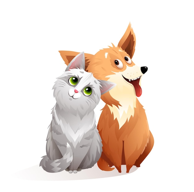Schattige kat en hond vriendschap, cartoon afbeelding