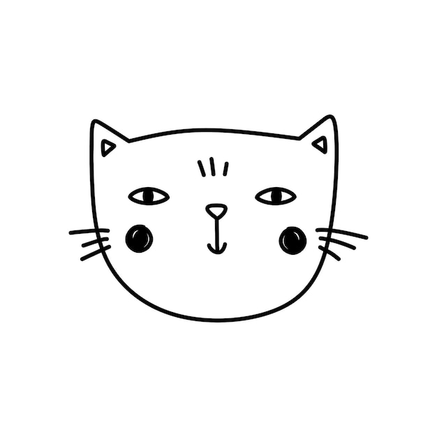 Schattige kat gezicht geïsoleerd op witte achtergrond lachende kitten hand getekende illustratie in doodle stijl