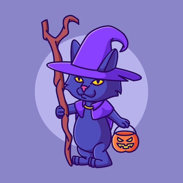 Vector schattige kat heks met halloween pompoen cartoon afbeelding
