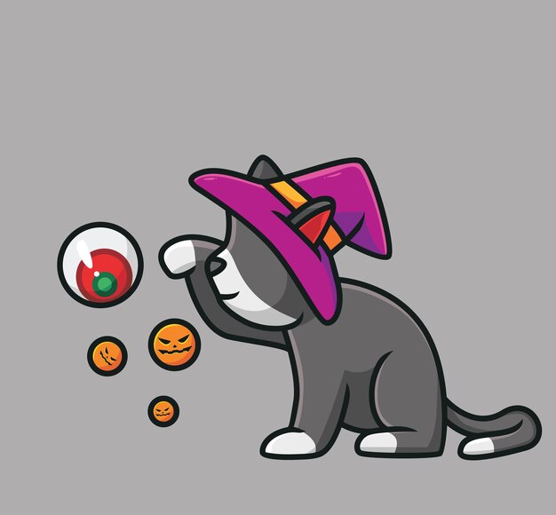 Vector schattige kat heks spelen ogen bal cartoon dier halloween evenement concept geïsoleerde illustratie