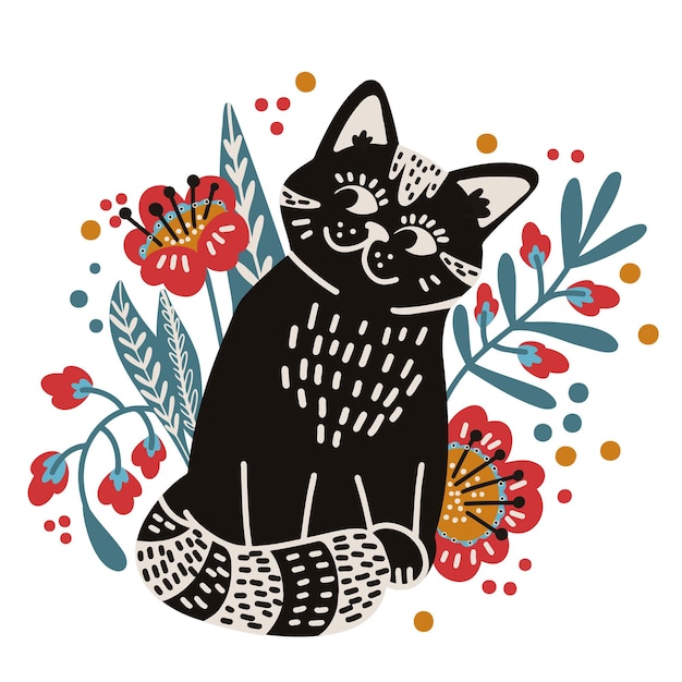 Vector schattige kat in bloemen handgetekende vectorillustratie in vlakke stijl