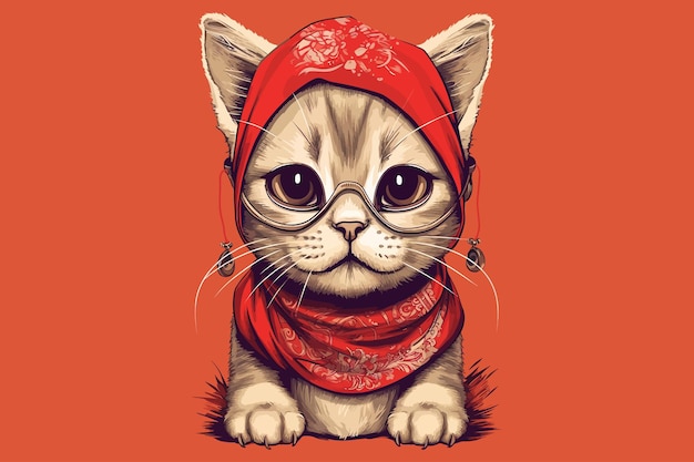 Schattige kat in een rode bandana op zijn hoofd Vector illustratie