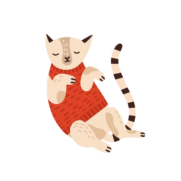 Schattige kat in warme trui platte vectorillustratie. Sleepy kitty dragen gezellige herfst kleding gestileerde ontwerpelement geïsoleerd op wit. Cartoon schattig huisdier sticker, t-shirt print tekening.