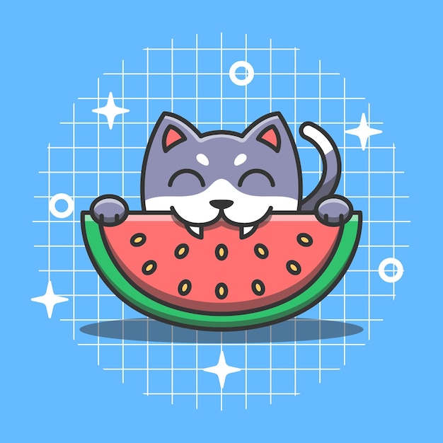 Schattige kat karakter eten watermeloen vectorillustratie uniek dierlijk fruit cartoon