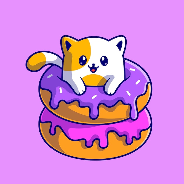 Schattige kat met donut cartoon vector pictogram illustratie. dierlijk voedsel pictogram concept geïsoleerd premium vector. platte cartoonstijl