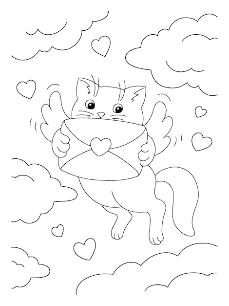 Schattige kat met een liefdesbrief. Boek kleurplaat voor kinderen. Valentijnsdag.