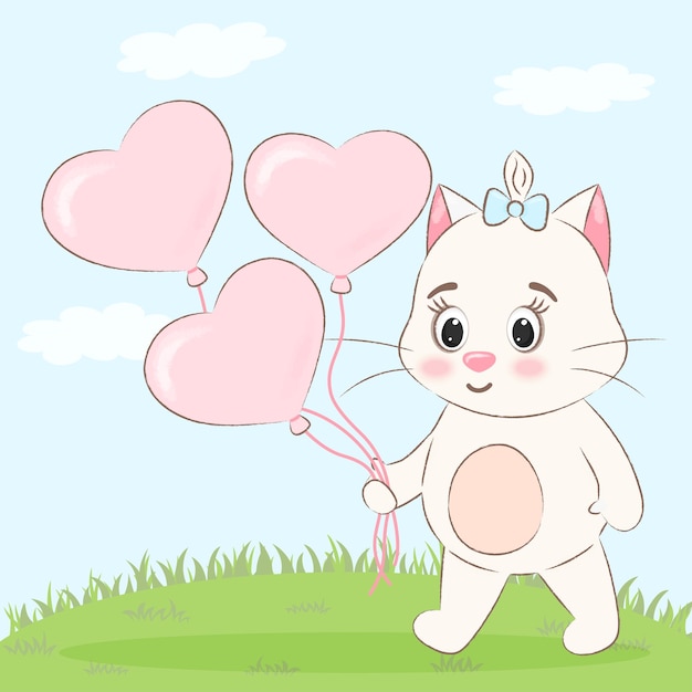 schattige kat met hartballonnen. valentijnsdag