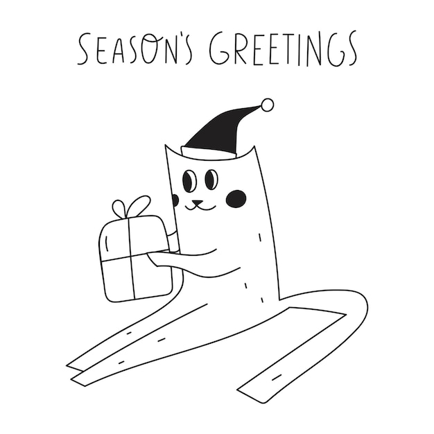 Schattige kat met kerstcadeaudoos Seizoensgroeten Vectoroverzichtsillustratie