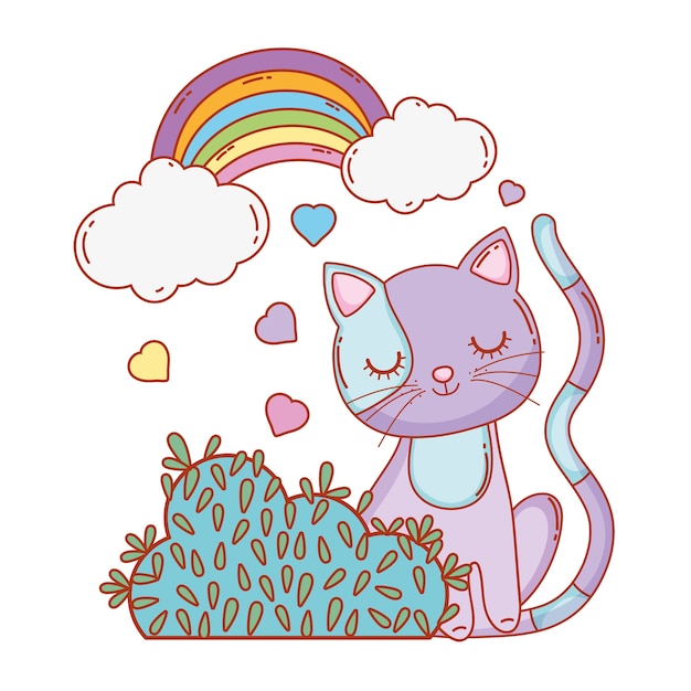 schattige kat met regenboog wolken en struik