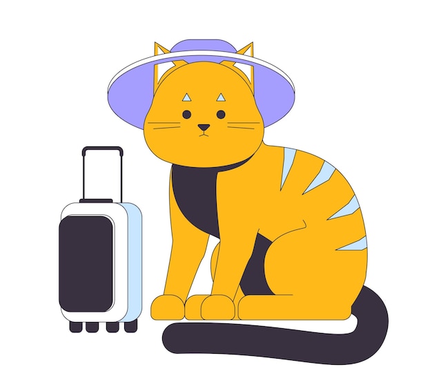 Schattige kat reiziger platte lijn vector ter plaatse illustratie