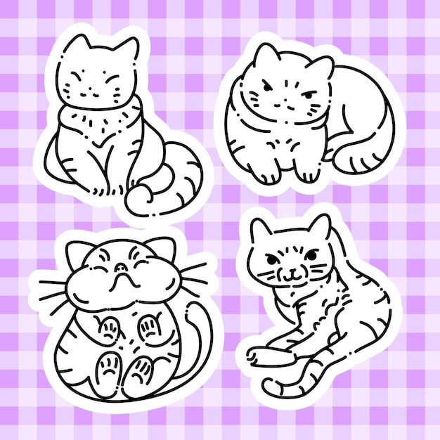 schattige kat tekening sticker lijn zwart wit