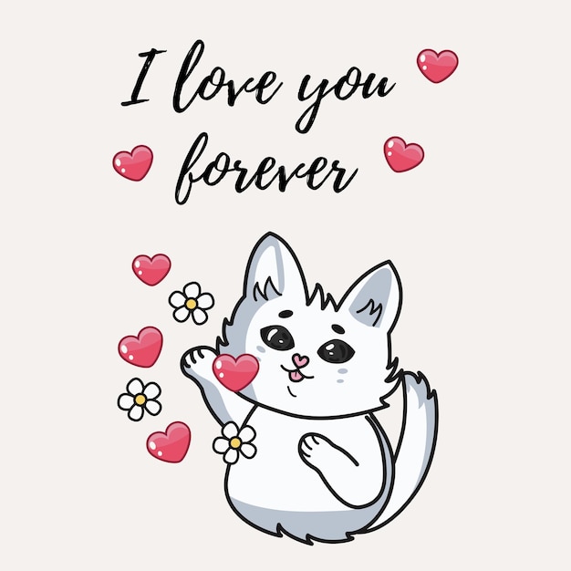 Schattige kat toont zijn hand op harten en bloemen tekst i love forever Vector illustratie voor baby