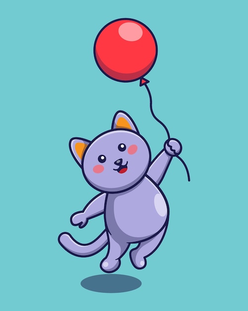 Schattige kat vliegen met ballon cartoon vector pictogram illustratie dier kawaii