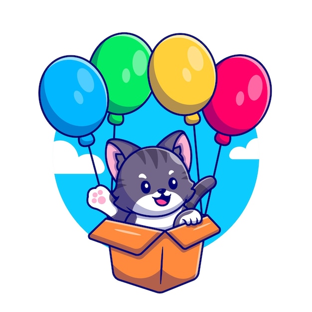 Schattige kat vliegen met kartonnen doos en ballon Cartoon pictogram illustratie.