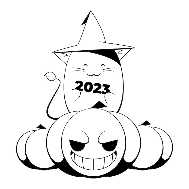 Vector schattige kat voor halloween-vakantie houdt 2023