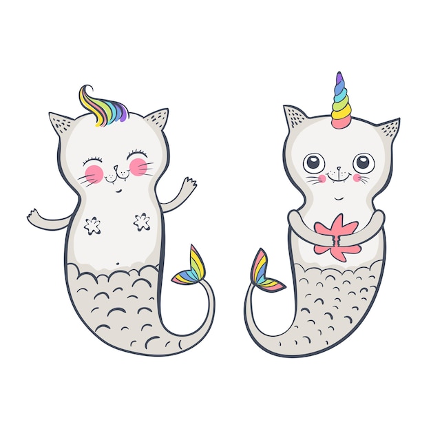 Schattige kat zeemeermin, doodle vectorillustratie voor kinderen. gelukkige tweeling. vectorillustratie eps 10