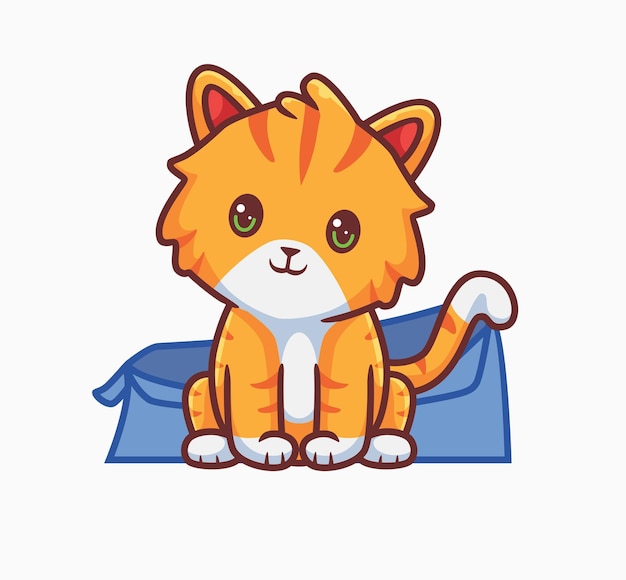 Schattige kat zittend op zijn kartonnen doos geïsoleerde cartoon dier illustratie flat style sticker ico