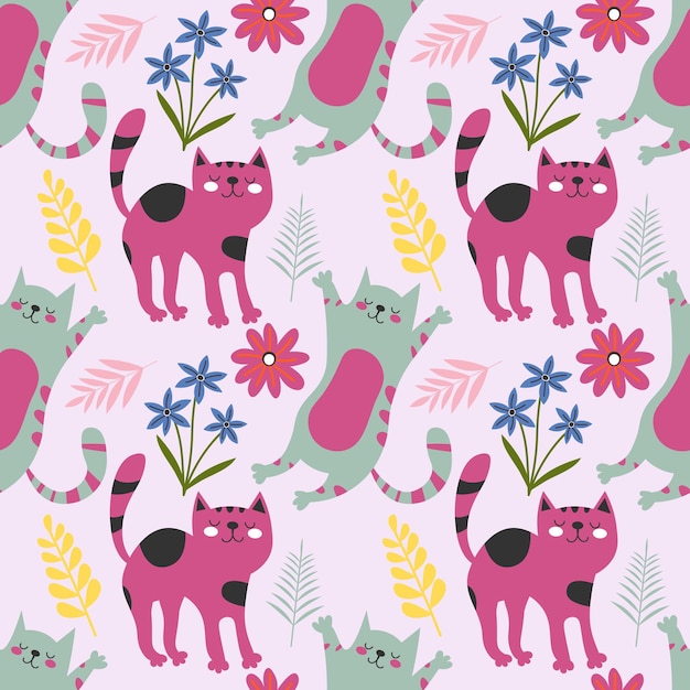 Schattige katten en bloemen boeketten op de lichtblauwe achtergrond Vector naadloze patroon huisdieren en bloemen Natuur print Digitale afbeelding met dieren EPS