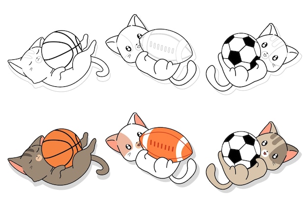 Schattige katten en sportartikelen cartoon kleurplaat voor kinderen