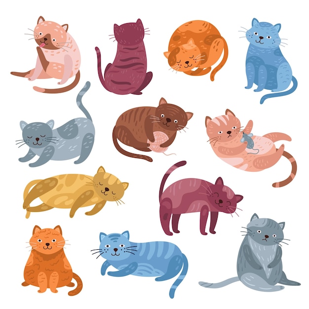 Schattige katten karakters Schattige kat grappig geïsoleerd kitten liggen spelen of ontspanning Dierlijke miauw cartoon pluizige huisdieren exacte vector collectie