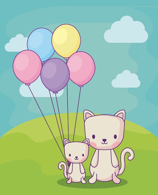 Schattige katten met ballonnen over landschap achtergrond, kleurrijk ontwerp. vectorillustratie