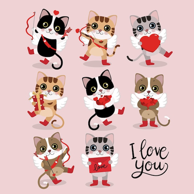 Schattige katten met kleine cupidovleugels en rood hart