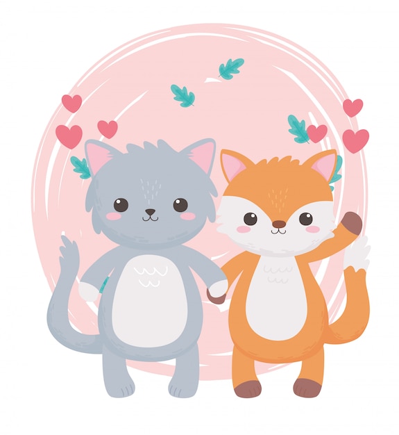 Schattige katten vos harten bladeren gebladerte tekenfilm dieren