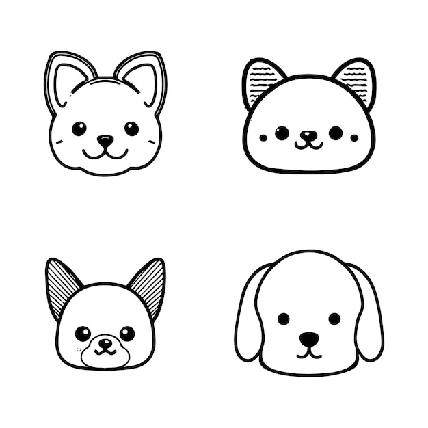 schattige kawaii hond hoofd logo collectie set handgetekende lijntekeningen illustratie