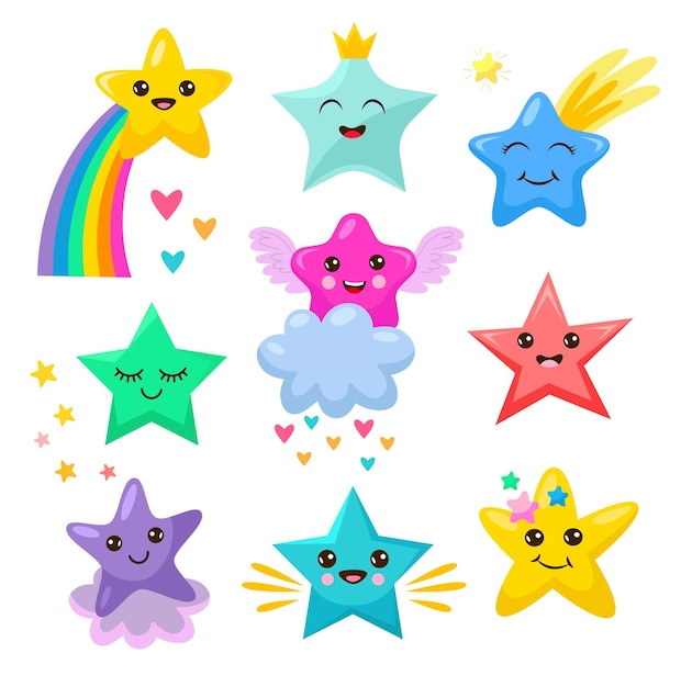 Schattige kawaii sterren met gezichten cartoon afbeelding set. Mooie sterren aan de hemel, op pluizige wolk of regenboog slapen en glimlachen. Grappige sterren tekens voor kinderen geïsoleerd op een witte achtergrond. Magisch concept