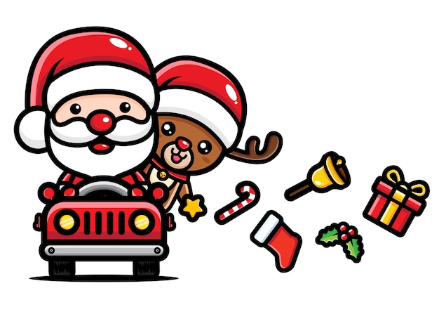 schattige kerstman en kerstrendier rijdende auto