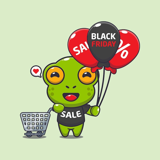 schattige kikker met winkelwagentje en ballon op black friday-verkoop cartoon vectorillustratie