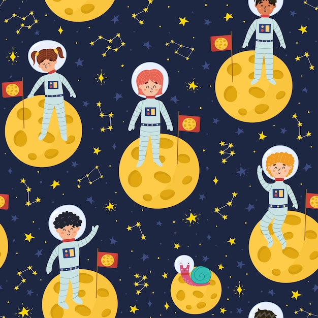 Schattige kinderen astronauten op de maan naadloze patroon ruimte achtergrond voor kinderen met grappige karakters