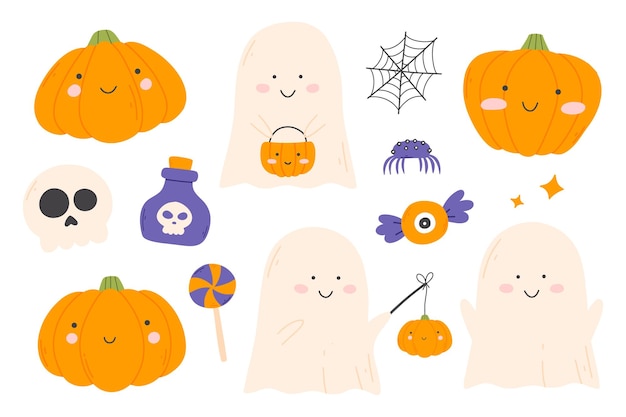 Schattige kinderen instellen voor Halloween Verzameling van kinderen geesten en pompoenen Vector illustratie in een vlakke stijl Halloween schattige karakters