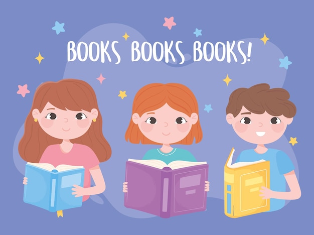Schattige kinderen met open boeken leren lezen en studeren onderwijs cartoon