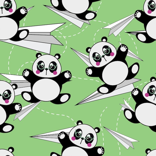 Schattige kinderen Panda met vliegtuig Cartoon achtergrondpatroon naadloos