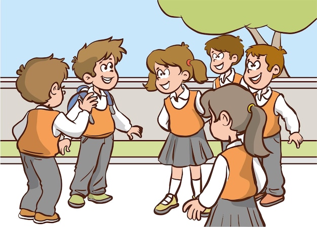 Schattige kinderen praten in de schooltuin cartoon vector