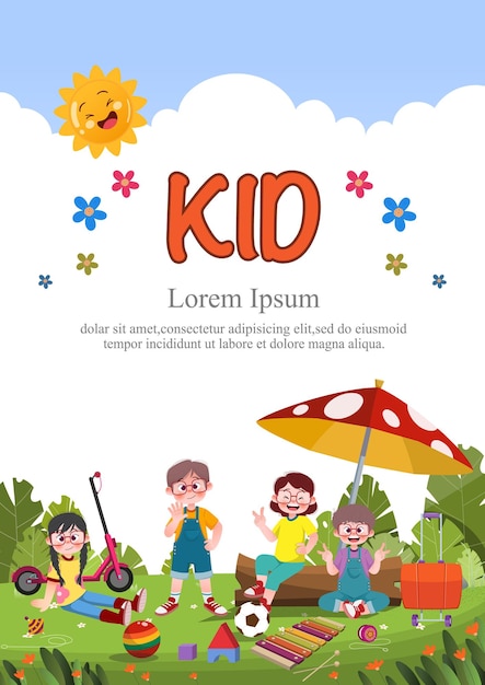 Vector schattige kinderen spelen buiten sjabloon voor reclamebrochures klaar voor uw tekstposter achtergrondwebsite stijl van kindertekeningen