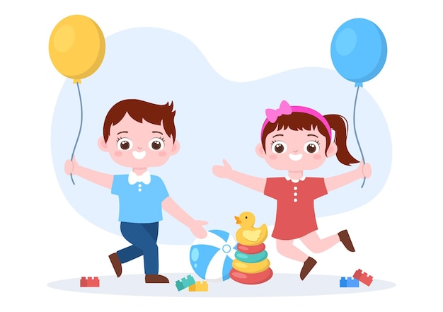 Schattige kinderen spelen met verschillende speelgoed op de kleuterschool in Cartoon afbeelding voor plezier en gaming