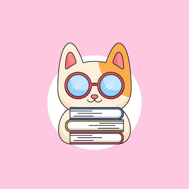Schattige kitten kat met geek bril met boeken boekenwurm dier mascotte cartoon afbeelding