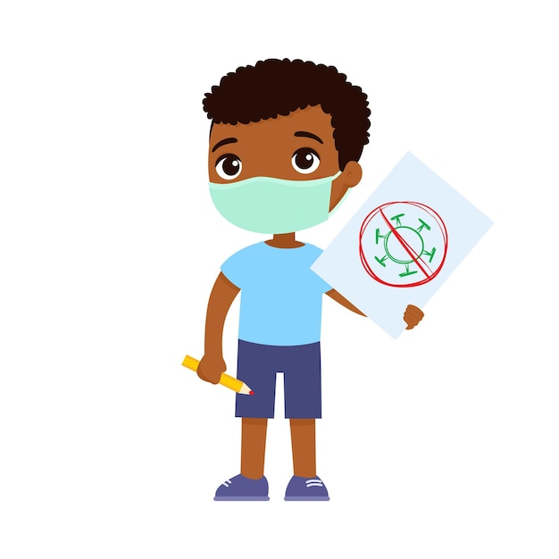 Schattige kleine afrikaanse jongen met een medisch masker met een vel papier met een virusafbeelding. virus, allergie