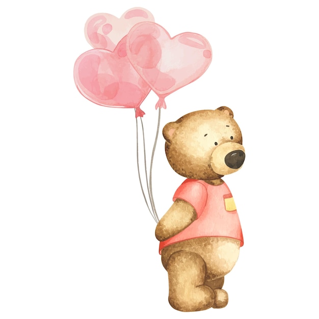 Schattige kleine beer jongen met rood hart lucht ballonnen aquarel illustratie